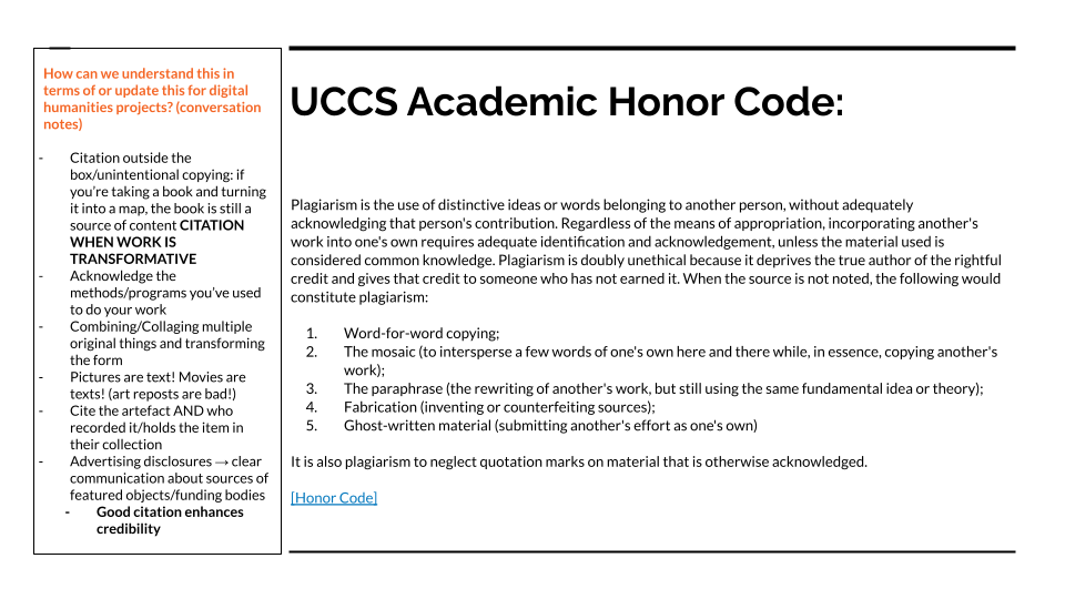 A slide with an excerpt from the UCCS honor code and notes taken during the class.