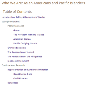 A LibGuide box in UW colors with a list of other boxes on the Asian Americans and Pacific Islanders page