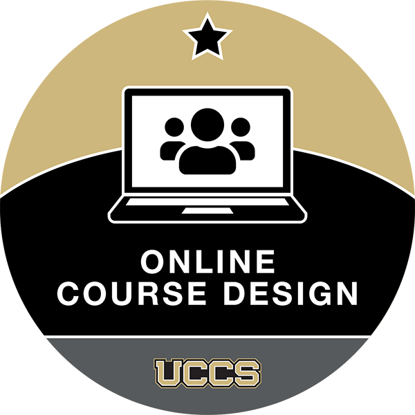 A black and gold circle with a laptop icon and the text 