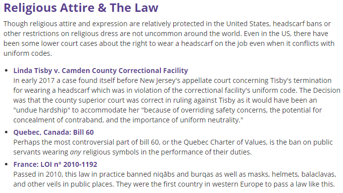 A LibGuides box discussing three laws from the US, Canada, and France on head coverings and religious symbols in public or in the workplace.